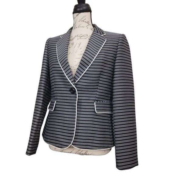 Tahari | NWT Textured Stripe Single Button Blazer Jacket Blue Black | Size 6 - Picture 1 of 9